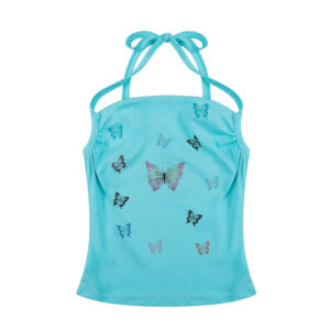 Butterfly Print Halter Tank — Blue