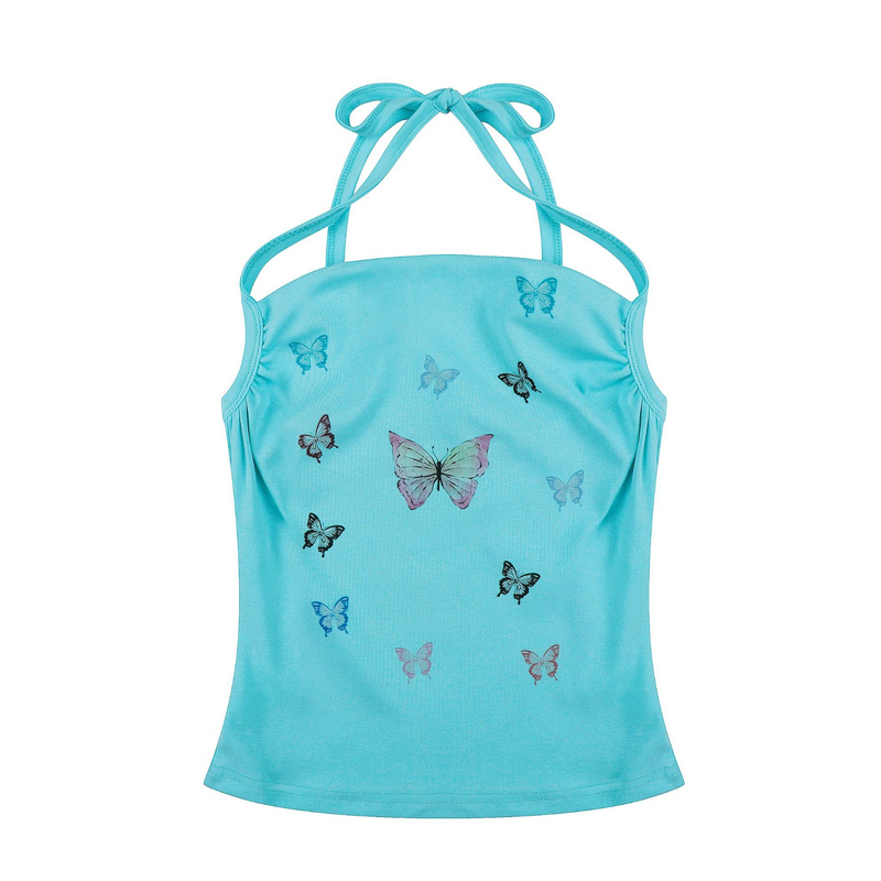 Butterfly Print Halter Tank — Blue