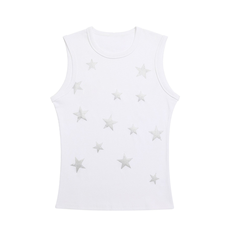 Minimalist Star-Print Knitted Tank Top — White